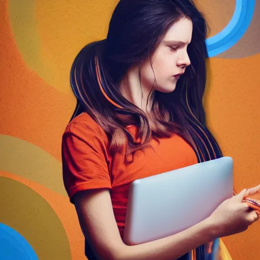 Image similar to realistic portrait of a woman with brown hair, blue jeans and orange tshirt, headset, synthesizer, computer, steampunk, vivid colors