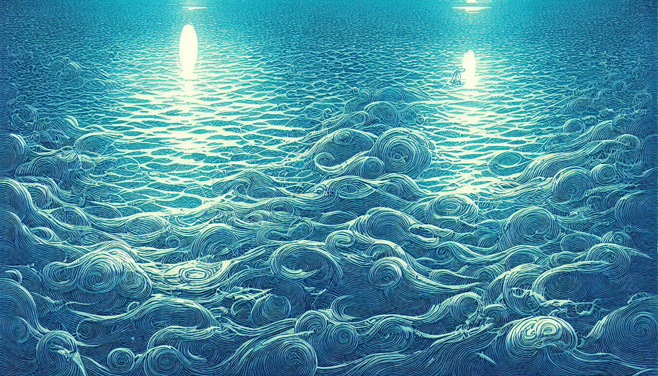 Image similar to calm ocean by nicolas delort, moebius, victo ngai, josan gonzalez, kilian eng