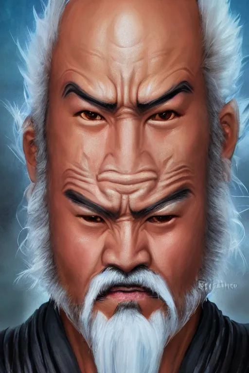 Image similar to a full body high detail fantasy portrait oil painting illustration of heihachi mishima by justin sweet with face and body clearly visible, in a scenic background, pretty eyes, realistic proportions, d & d, rpg, forgotten realms, artstation trending, high quality, sombre mood, artstation trending, muted colours, entire person visible!