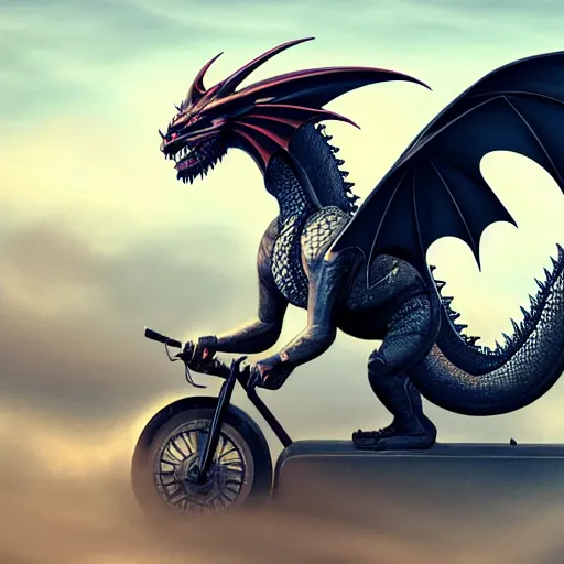 Image similar to a dragon riding a motorbike, modernism, 4 k, ultra detailed, digital art, trending on artstation