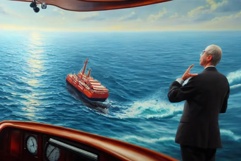 Image similar to ( ( a beautiful 8 k photorealistic masterpiece oil painting ) ( of ( a man lecturing on navigation while the ship is going down ) ) ( hyperrealism ) ( 1 6 k ) ( trending on artstation )