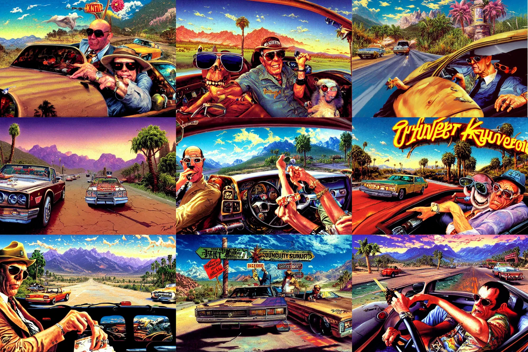 Prompt: hunter s. thompson driving through bat country feeling a lot of fear and loathing in las vegas, art by thomas kinkade