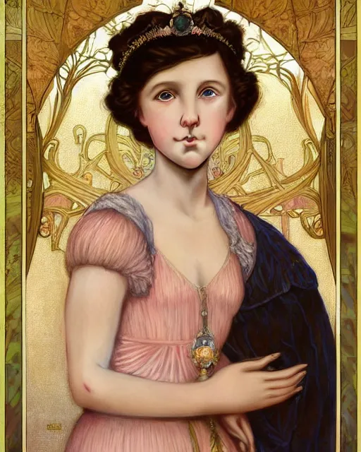 Prompt: a beautiful portrait painting of a shy, blushing princess in a tiara and an iridescent art nouveau gown resembling 1 4 - year old millie bobby brown watching the lantern festival, intricate, elegant, highly detailed, digital painting, artstation, concept art, by krenz cushart and artem demura and william adolph bouguereau and alphonse mucha