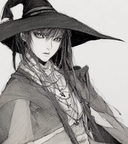 Image similar to portrait of anime woman wearing witch hat, pen and ink, intricate line drawings, by craig mullins, ruan jia, kentaro miura, greg rutkowski, loundraw