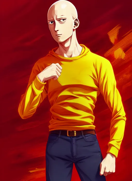 Prompt: handsome saitama, half body shot, path traced, red and yellow, highly detailed, high quality, digital painting, alena aenami, lilia alvarado, shinji aramaki, karol bak, alphonse mucha, tom bagshaw