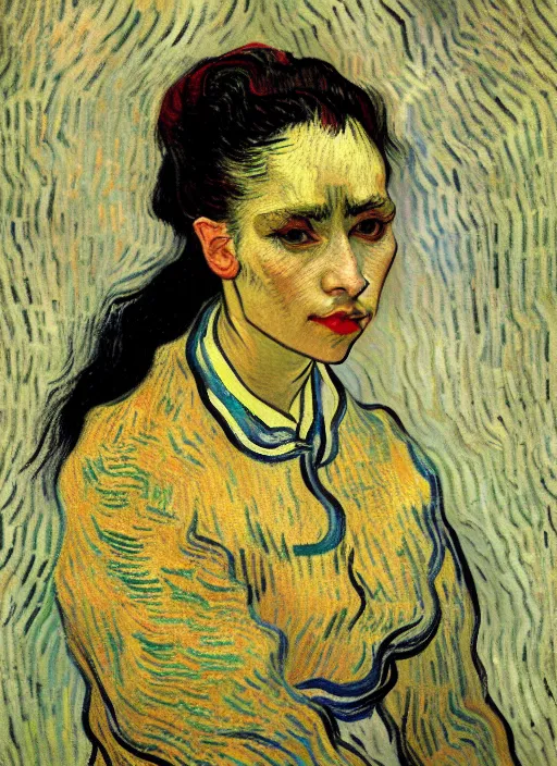 Image similar to portrait of a woman with long black hair, detailed beautiful face in painting, detailed beautiful portrait, expressionist oil painting masterpiece, 8 k resolution, smooth, sharp focus, pastel color palette, trending on artstation, by van gogh