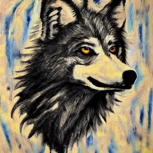 Image similar to retarded wolf portrait, expressionism style