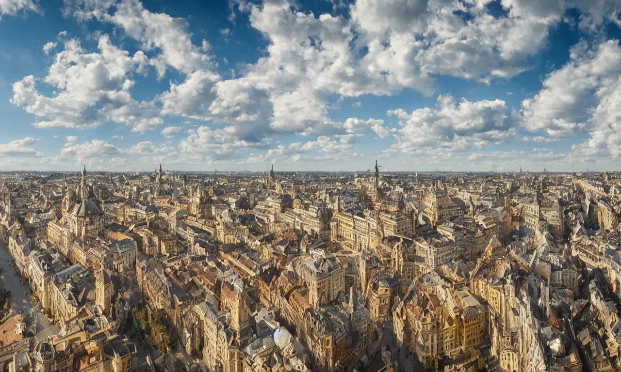 Image similar to highly detailed, intricate stunning image of an ornate baroque city landscape poking through the clouds into the bright blue sky : : 6, looking down from a balcony high up a tower : : 1 0, surrounded by higer baroque castle towers