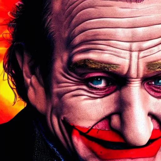 Image similar to stunning awe inspiring ( robin williams ) as the joker 8 k hdr movie still atmospheric lighting