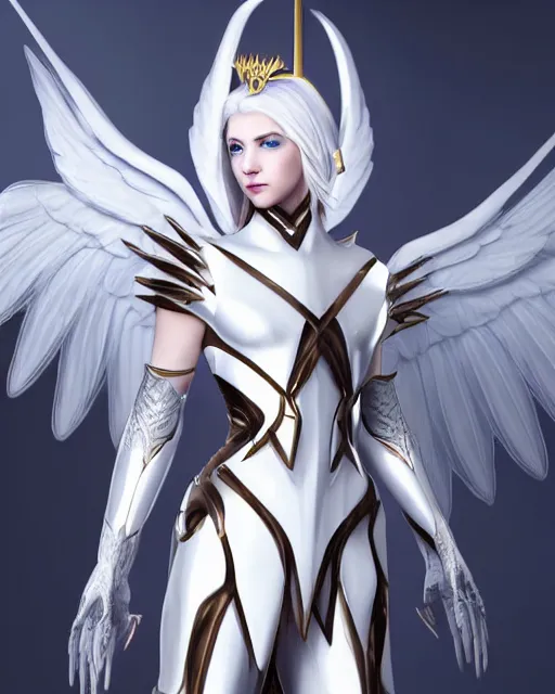 Image similar to perfect white haired attractive egyptian goddess with huge white dove wings, warframe armor, beautiful, symmetric, dreamy, half asian, pretty face, blue eyes, detailed, scifi platform, laboratory, experiment, 4 k, ultra realistic, epic lighting, android body, illuminated, cinematic, masterpiece, art by akihito tsukushi, voidstar