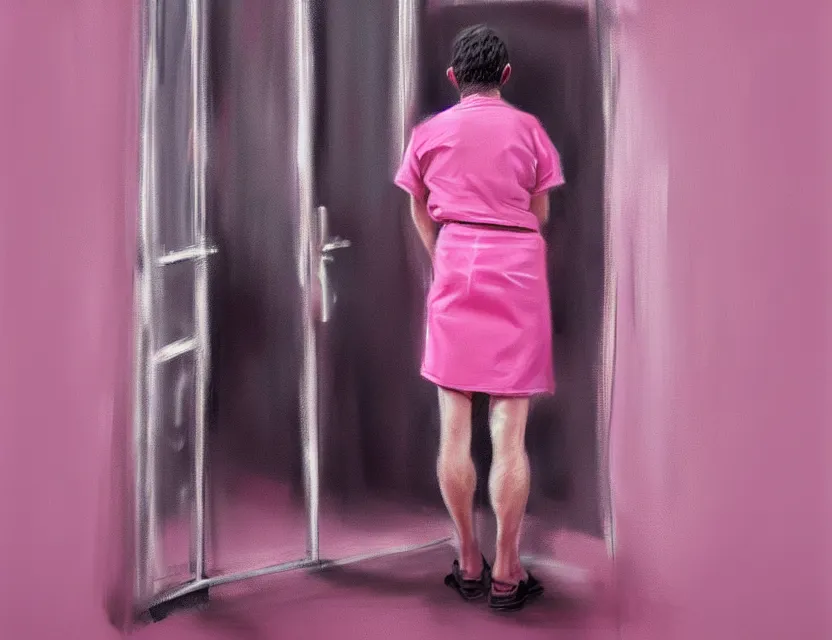 Prompt: a man in a short pink skirt, in jail, dirty room, bars on the windows, in a style of hyperrealism, trending on artstation