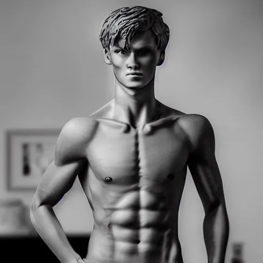 Image similar to a realistic detailed photo of a guy who is an attractive humanoid who is half robot and half humanoid, who is a male android, soccer player martin ødegaard, shiny skin, posing like a statue, blank stare, in a living room, on display, showing off his muscles