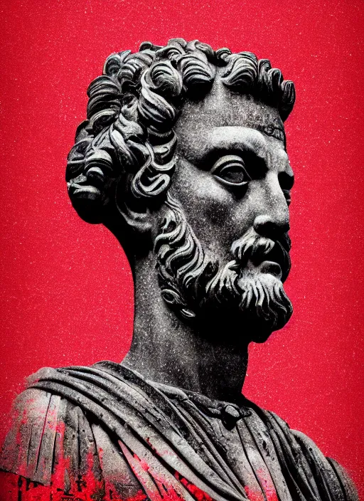 Prompt: design poster showing a statue of marcus aurelius, black background with very subtle red and purple design elements, gradients, powerful, nekro, guido crepax, graphic design, collage art, thin lines, dark, glitch art, neo vaporwave, gritty, layout frame, square, trending on artstation