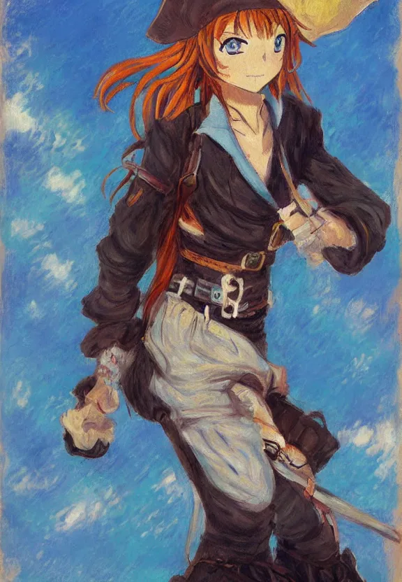 Prompt: wide angle painting of a teenage pirate girl, a thrifty uniform, somewhat of an anime in impressionist style, trending artwork, illustrated in anime painter studio, by claude monet and an anime artist, collaboration