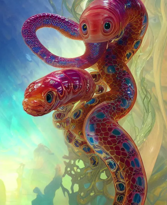 Prompt: colorful transparent portrait of a disturbing beautiful alien snake creature, mottled coloring, adorable, childlike, underwater environment, ultra realistic, concept art, art nouveau, photorealistic, octane render, 8 k, unreal engine. art by christopher marley and artgerm and greg rutkowski and alphonse mucha