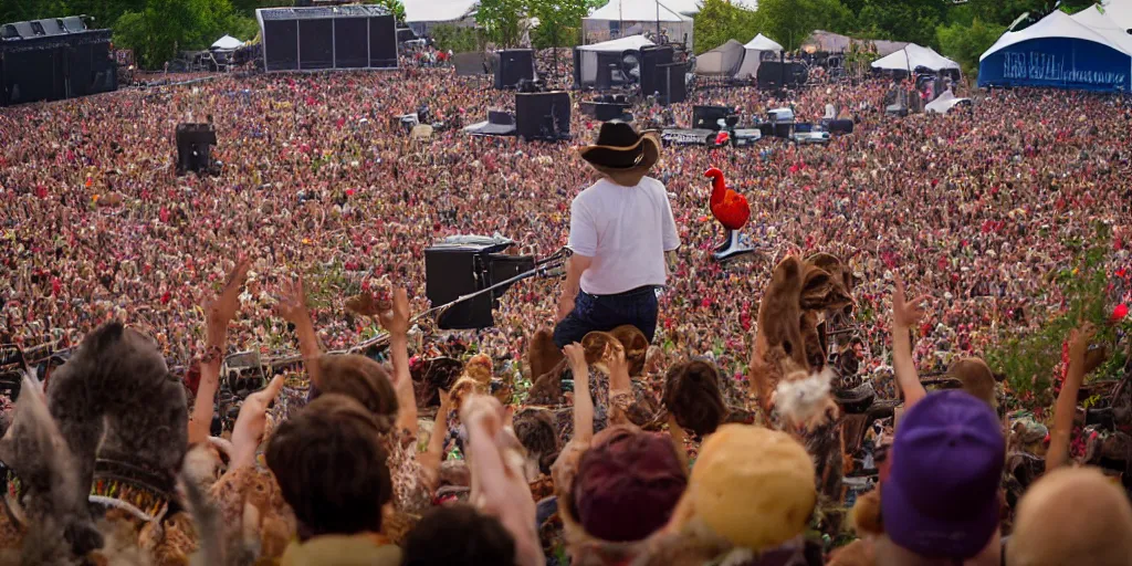 Prompt: music festival with chicken as audience and rooster band on stage. concert photography.