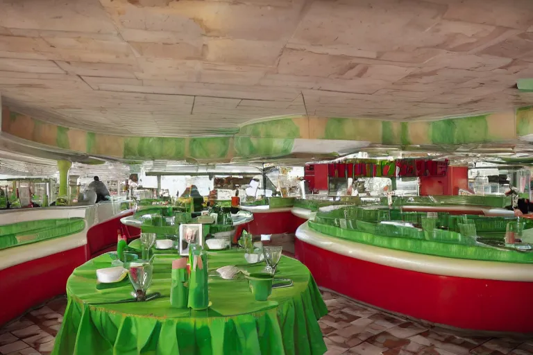 Image similar to 2 0 1 2 watermelon new jersey diner, tables repeat endlessly into the horizon, fruitcore, one point perspective, americana photographer