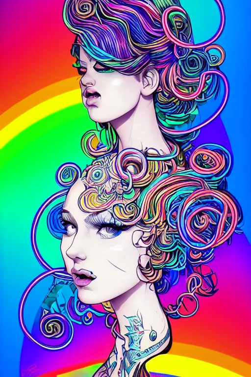 Image similar to a award winning portrait of a beautiful woman with stunning eyes in a one off shoulder croptop and cargo pants with rainbow colored hair, outlined by whirling illuminated neon lines and fine lines swirling in circles by joe fenton, digital art, trending on artstation