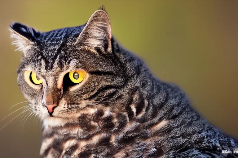 Image similar to a cat owl!!! hybrid! hyper realistic!! realistic lighting!! wildlife photographer of the year!!! bold natural colors, national geographic, hd, wide angle, 8 k