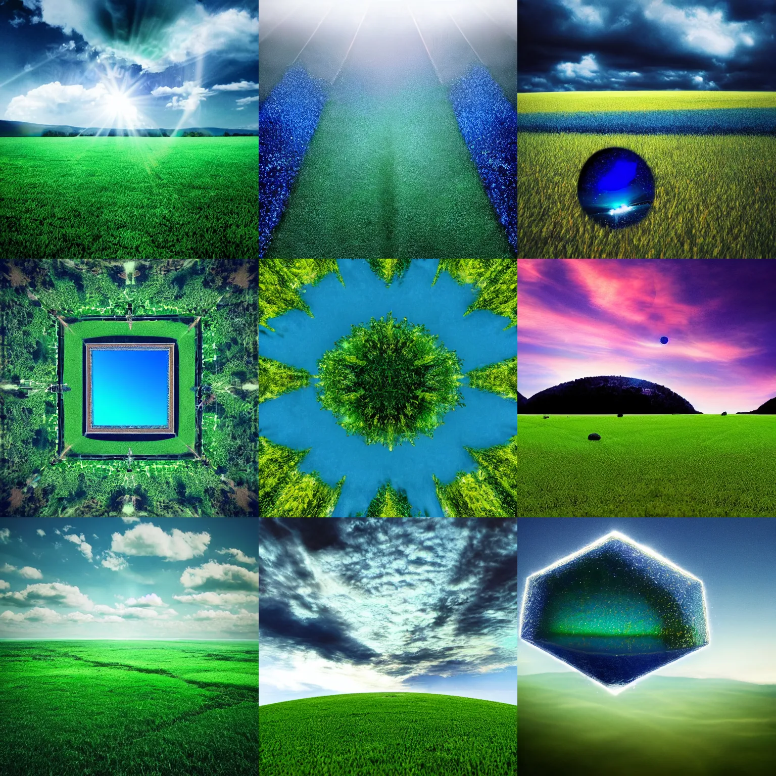 Prompt: a sapphire field, a emerald sky, surreal photography