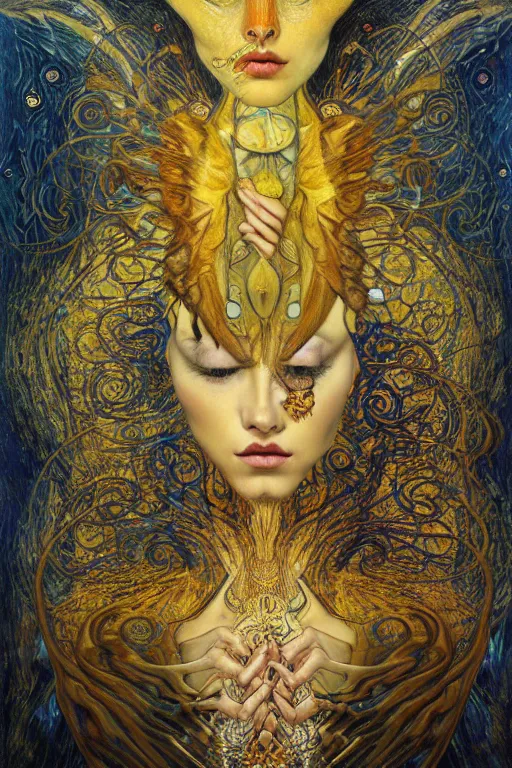 Image similar to Metamorphosis by Karol Bak, Jean Deville, Gustav Klimt, and Vincent Van Gogh, transformation portrait, chimera, visionary, cicada wings, otherworldly, fractal structures, ornate gilded medieval icon, third eye, hybrid, dynamic, change, spirals, horizontal symmetry