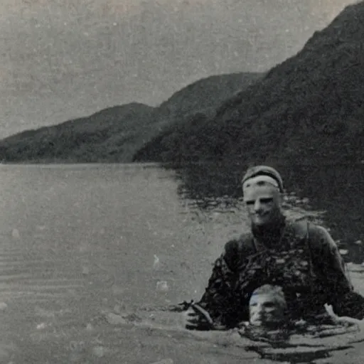 Prompt: an old photo of a hunter posing with a hunted Loch Ness monster