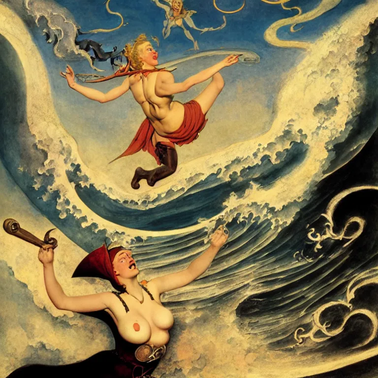 Image similar to a pirate witch summoning a giant wave by william blake and art frahm and earl moran and fritz willis and gil elvgren, detailed, photorealism