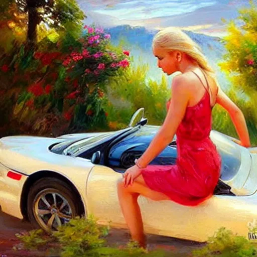 Image similar to painting volegov car blonde woman volcano!!!