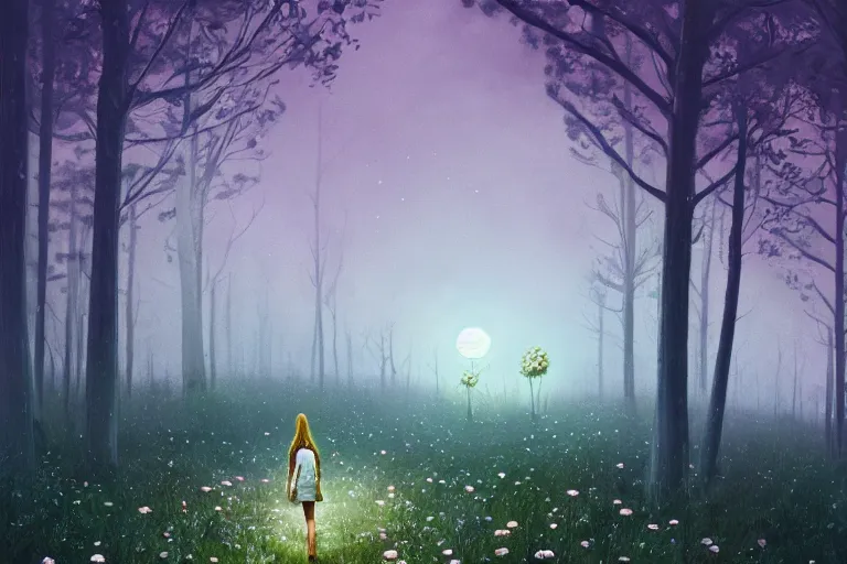 Image similar to giant bunch of daisy flowers head, girl walking in dark forest, surreal photography, dark night, stars, moon light, impressionist painting, clouds, digital painting, artstation, simon stalenhag