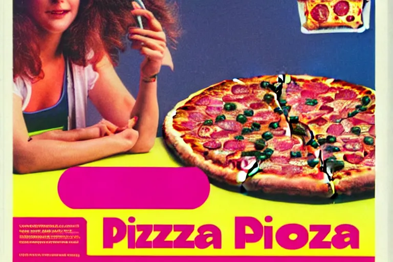 Prompt: 80s, rgb, pizza, advertisement