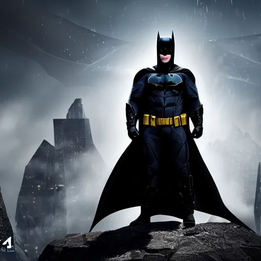 Image similar to Chris Pratt as Batman, Unreal Engine, Xbox Series X, EOS-1D, f/1.4, ISO 200, 1/160s, 8K, RAW, symmetrical balance, in-frame, Dolby Vision