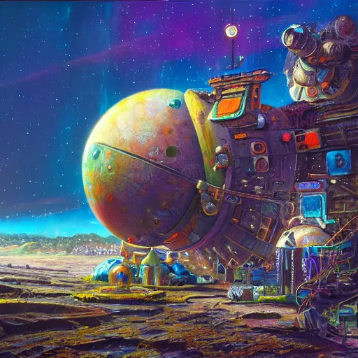 Prompt: spaceport orbiting ancient post - apocalyptic planet, jim henson creature shop, vivid and colorful, thomas kincaid, cinematic, oil painting, highly detailed, illustration