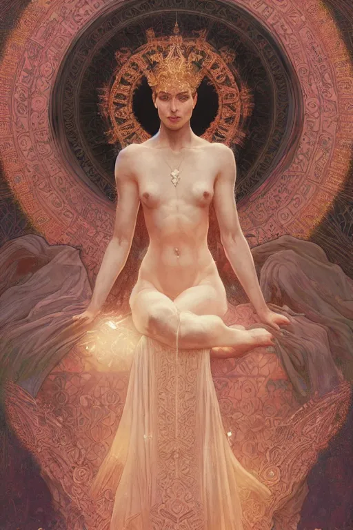 Image similar to a full body portrait of a beautiful ethereal delicate babylonian mage queen meditative sacral pose catholic stages of the cross, intricate, elegant, highly detailed, digital painting, artstation, concept art, smooth, sharp focus, illustration, art by krenz cushart and artem demura and alphonse mucha