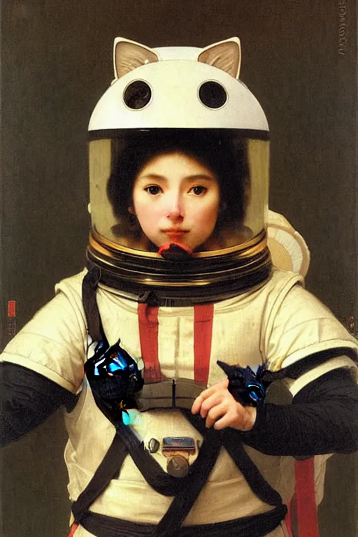 Image similar to portrait of a cat astronaut with japanese armor and helmet, by bouguereau