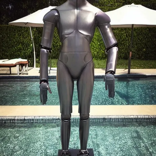 Image similar to “a realistic detailed photo of a guy who is an attractive humanoid who is half robot and half humanoid, who is a male android, twitch streamer Ninja Tyler Blevins, shiny skin, posing like a statue, blank stare, by the pool as a pool boy , display”