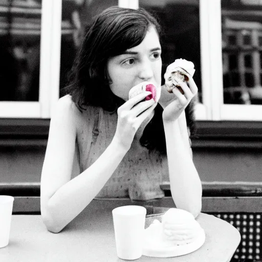 Prompt: a film photo of a young brunette woman, 26, eating ice cream cone on a hot summer's day in New York City