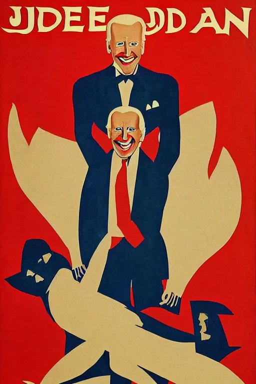 Image similar to joe biden!!!!! propaganda poster by miguel covarrubias! smile, creepy!, joe biden as satan!!! devil worshiper!!! ink print press, ww 2 poster,, iconic, masterpiece, ornate and detailed, propaganda, award winning