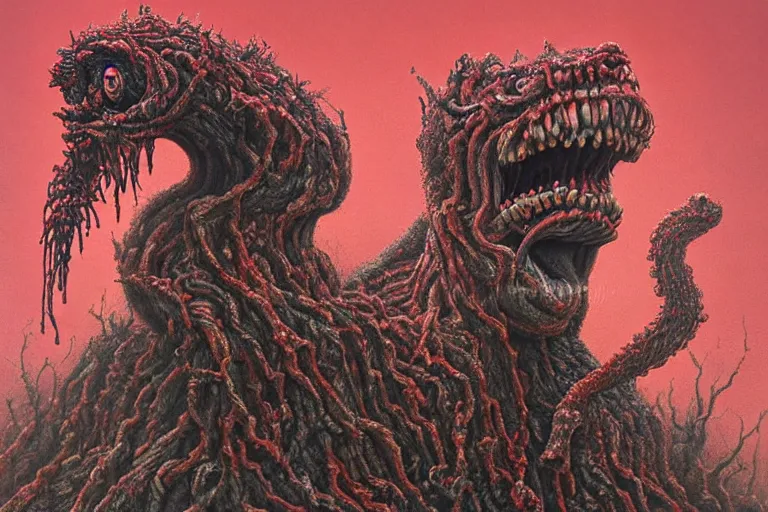 Image similar to Haunting horrifying hyperrealistic detailed painting of a strange bizarre creature sitting atop a mountain of snakes in a foggy hellscape with spread out pools of crimson red gelatinous liquid and goop, eyeballs bulging, sparks of fire flying, dystopian feel, heavy metal, disgusting, creepy, unsettling, in the style of Michael Whelan and Zdzisław Beksiński, lovecraftian, hyper detailed, trending on Artstation