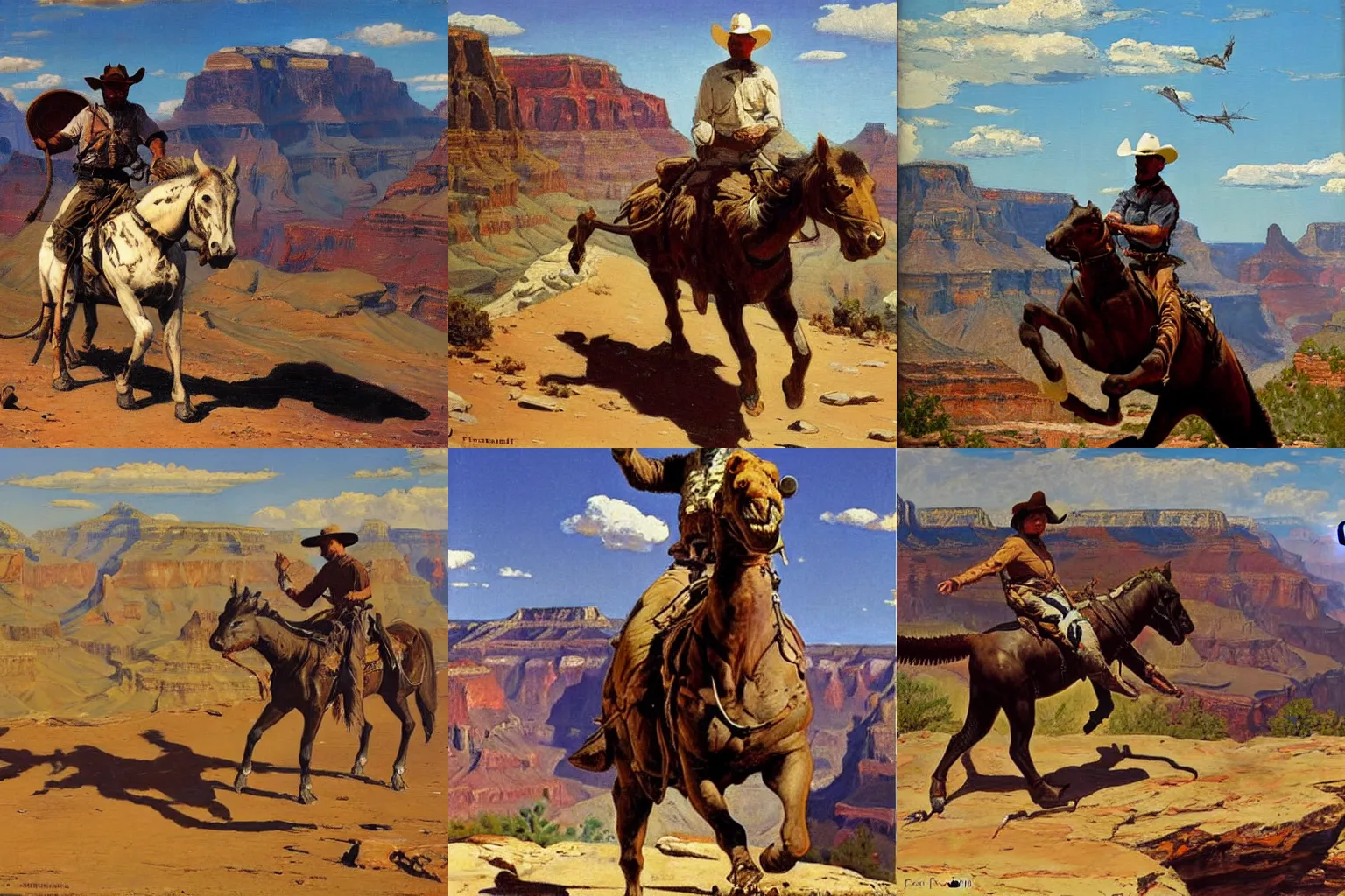 Prompt: A cowboy riding an allosaurus in the grand canyon, oil painting by Frederic Remington