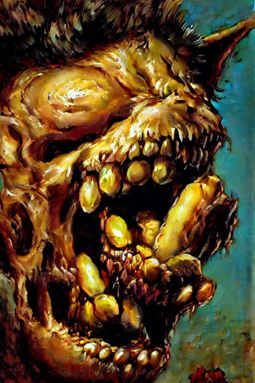 Image similar to extreme close up of a goblin eating baked beans from a skull extremely high detail portrait dnd, painting by gaston bussiere, craig mullins, greg rutkowski, yoji shinkawa