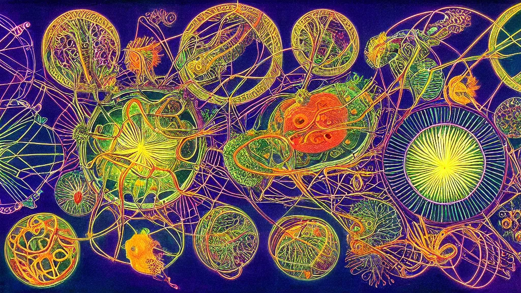 Image similar to quantum connections represented as symbiotic organisms like cells playing around with colorful lights by ernst haeckel, connectivity, sharp, realistic, magnetic