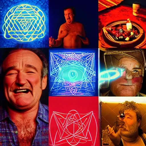 Image similar to robin williams begins the ritual, sacred symbols, red laser light contorting into sacred geometry, john candy rises out of the bbq sauce pool, desaturated, dappled gold light, holy image