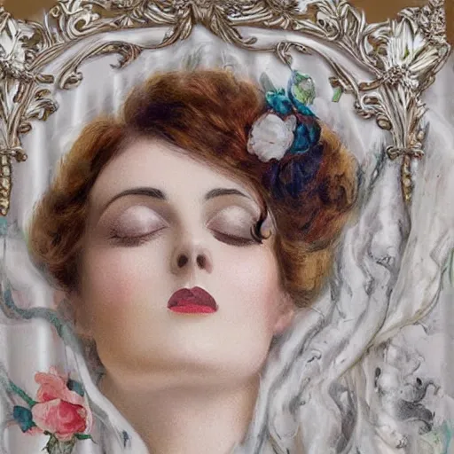 Image similar to liquid marble acrylic paint from victorian era of beautiful model sleeping in white curtains, surreal