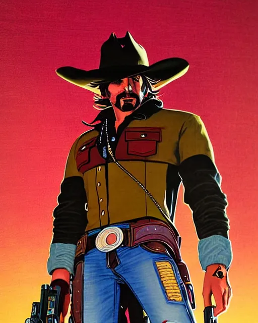 Prompt: mccree from overwatch, cyber cowboy, character portrait, portrait, close up, concept art, intricate details, highly detailed, vintage sci - fi poster, retro future, vintage sci - fi art, in the style of chris foss, rodger dean, moebius, michael whelan, and gustave dore