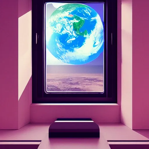 Image similar to a window!!!!! with a view of the earth through it, a computer rendering by mike beeple winkelmann, behance contest winner, cubo - futurism!!!!!, retrowave!!!!!, synthwave!!!!!, rendered in cinema 4 d