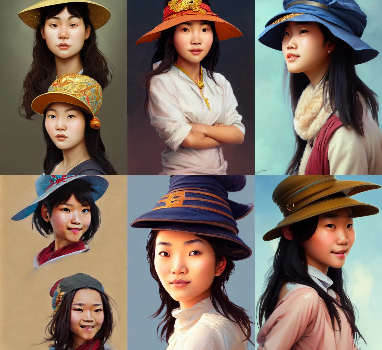 Prompt: Close-up portrait of funny young asian girl wearing a hermes hat, portrait, highly detailed, digital painting, artstation, concept art, sharp focus, illustration, art by artgerm and greg rutkowski and alphonse mucha