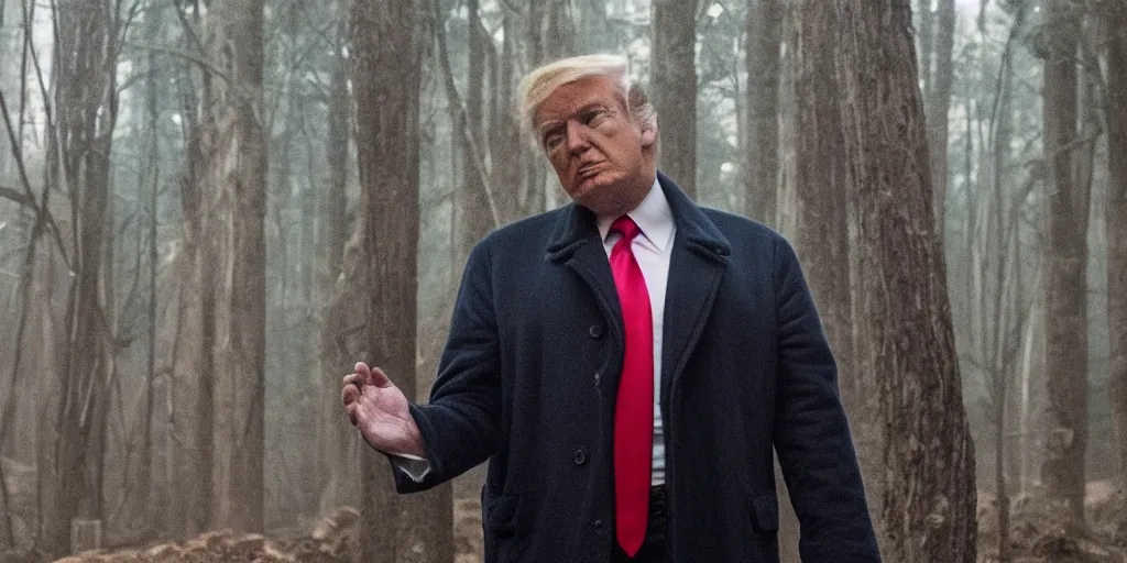 Prompt: movie still of donald trump in mandy ( 2 0 1 8 ) directed by panos cosmatos, film grain