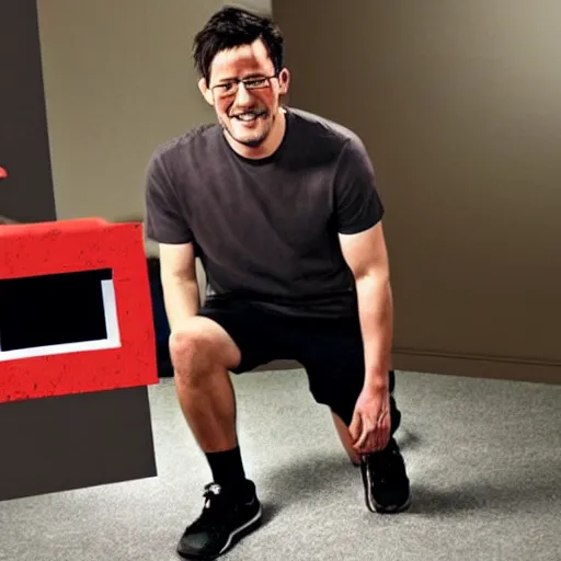 Image similar to markiplier kneeling in front of linus tech tips. photograph. high quality. photoshop.