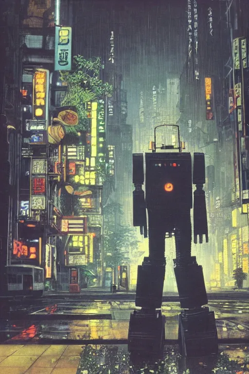 Image similar to vintage autochrome photo of ancient overgrown cyberpunk tokyo with robot by syd mead, night, rain, flowers, beautifully lit, hyperdetailed, unreal engine, photorealistic