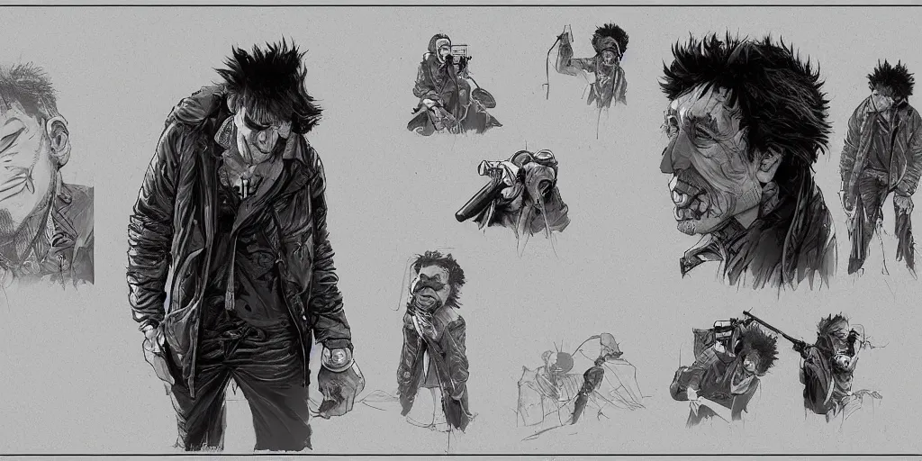 Prompt: Bob Dylan design, character sheet, Kim Jung Gi, Greg Rutkowski, Zabrocki, Karlkka, Jayison Devadas, Phuoc Quan, trending on Artstation, 8K, ultra wide angle, zenith view, pincushion lens effect